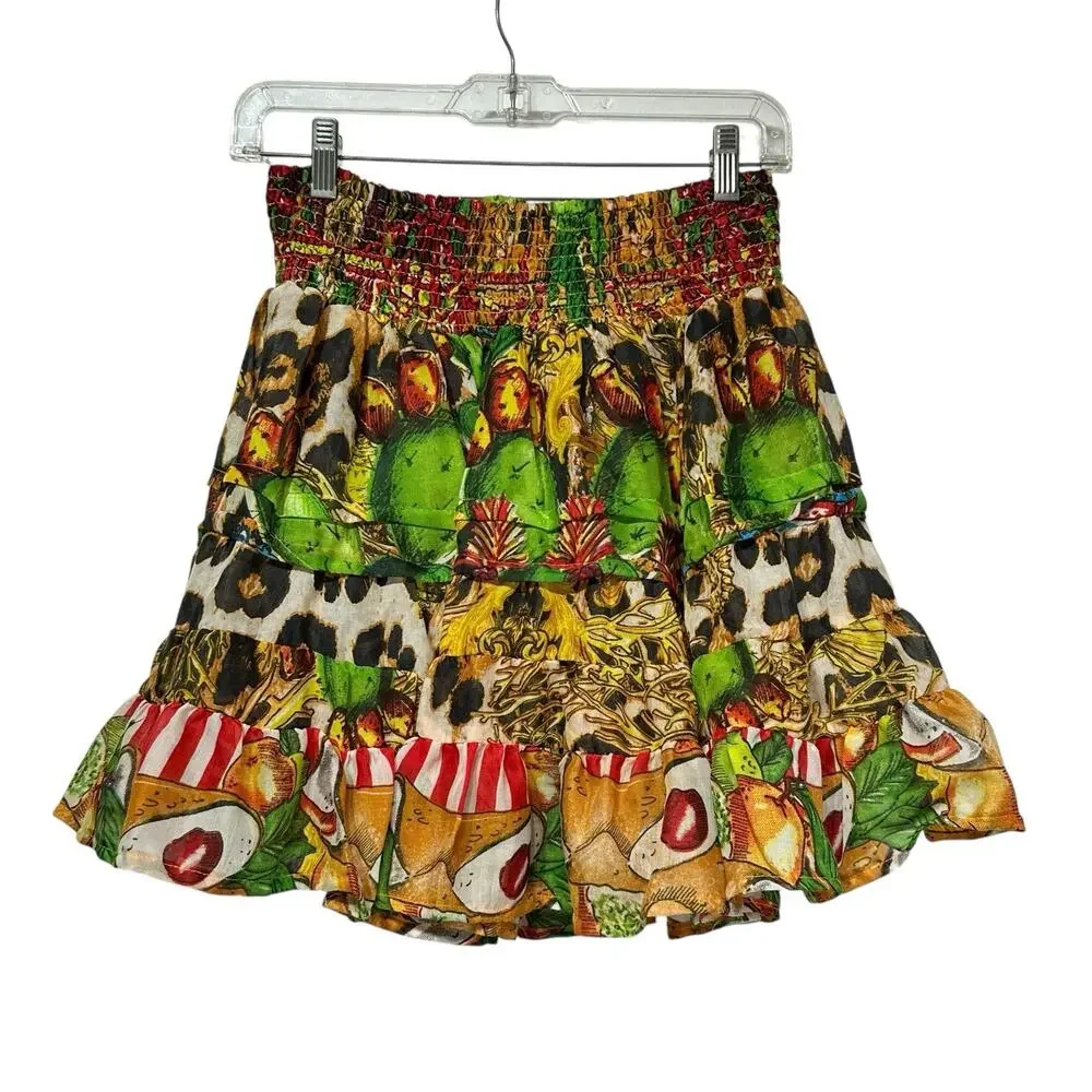 HOUSE OF ANTICA SARTORIA italy layered Avocado Cactus fruit print mini skirt OS